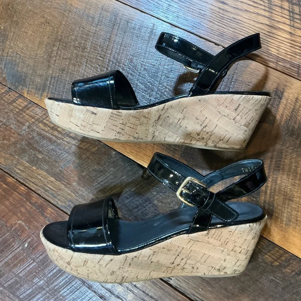 Stuart Weitzman Black Patent Leather Cork Wedge Sandals | size 7 - Picture 5 of 9